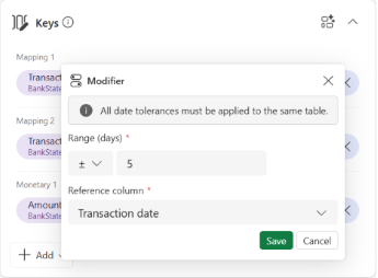Screenshot that shows a date tolerance modifier being defined in the Modifier dialog.