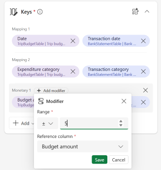 Screenshot that shows an amount tolerance modifier being defined in the Modifier dialog.