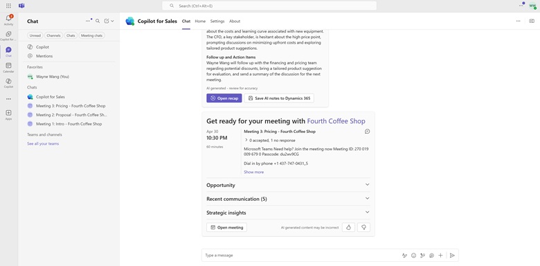 Pre-meeting prep card showing in Copilot for Sales chat in Teams