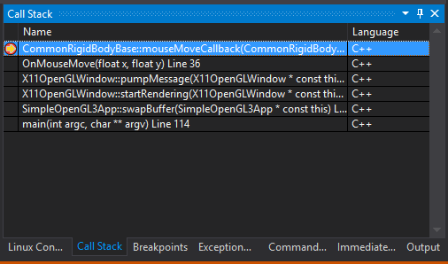 The Visual Studio Call Stack window, showing Linux call stack.