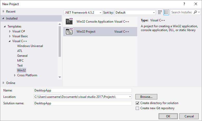 Screenshot of the New Project dialog box in Visual Studio 2015 with the Win32 Project option highlighted, and DesktopApp typed in the Name text box.