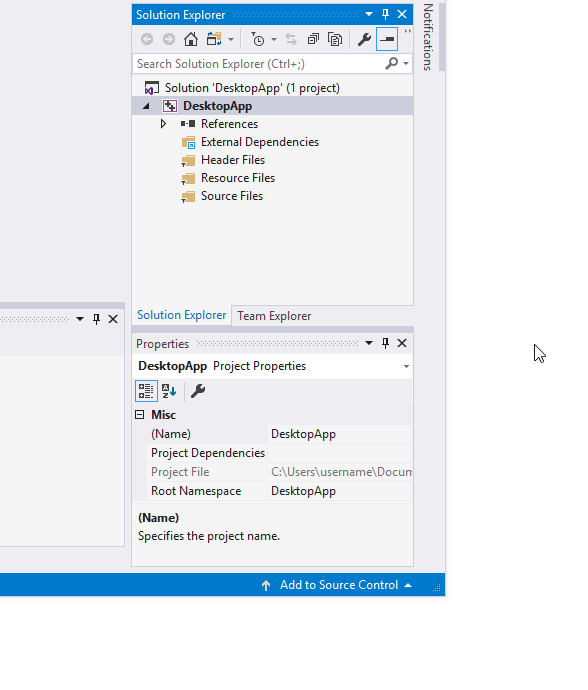 Animation showing adding a new item to DesktopApp Project in Visual Studio 2015.