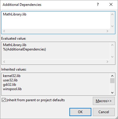 Screenshot of the Additional Dependencies dialog box showing the MathLibrary.lib file.