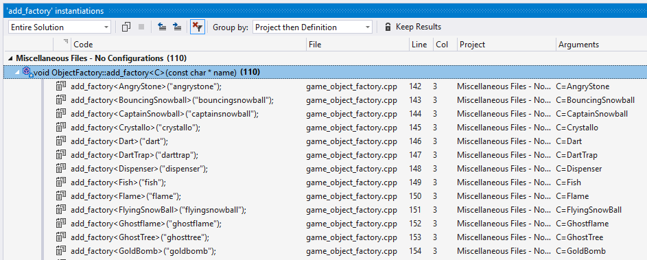 Screenshot of the list of instantiations of the template in your code. The instantion, file, ___location, and arguments are listed.