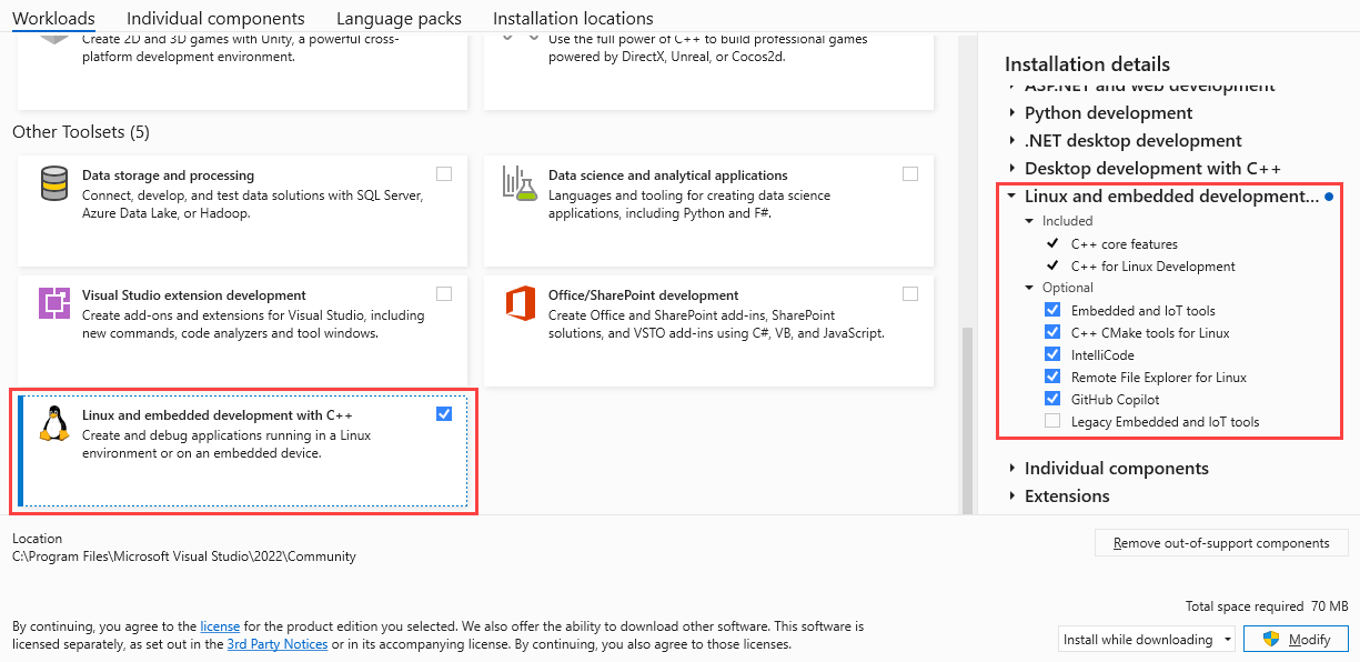 Screenshot highlighting the Visual C++ for Linux and embedded development workload item in Visual Studio Installer.