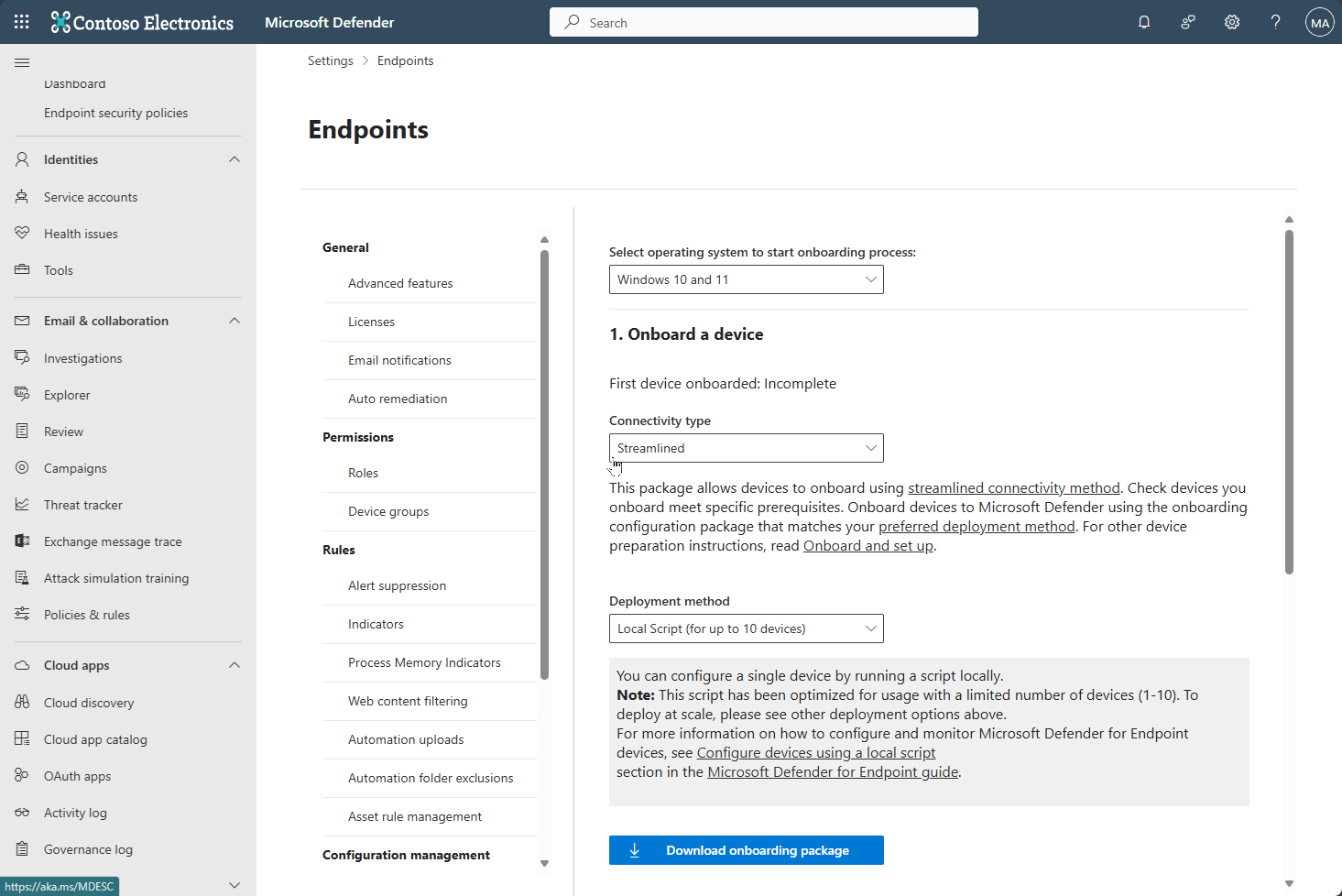 Screenshot showing device onboarding in the Microsoft Defender portal for Defender for Endpoint.