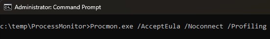 Screenshot that shows an elevated command prompt window to run Procmon.exe.