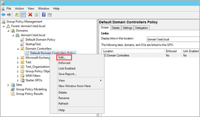 Screenshot of the pane for editing the default policy for ___domain controllers.