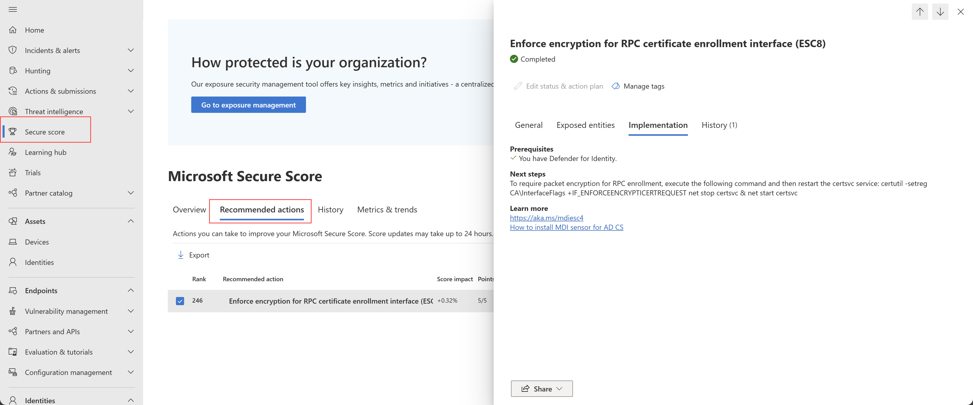 Screenshot of the Enforce encryption for RPC certificate enrollment interface (ESC11) recommendation.