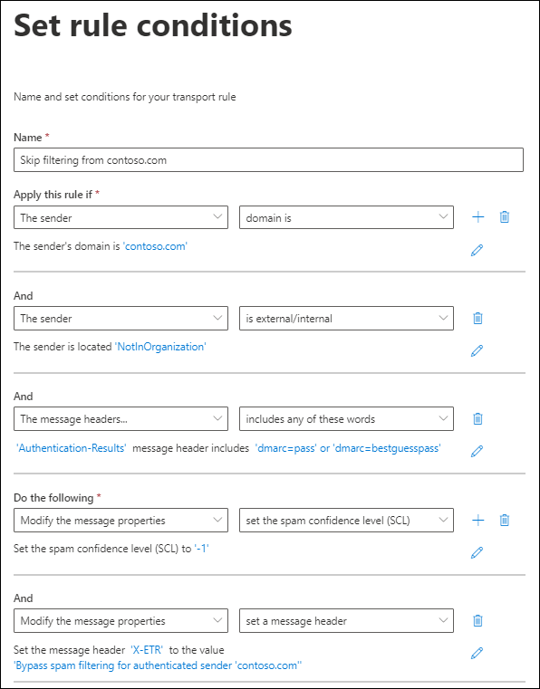 Example mail flow rule settings in the new EAC to bypassing spam filtering.