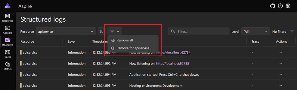A screenshot of the .NET Aspire dashboard Structured logs page, showing how to remove telemetry.