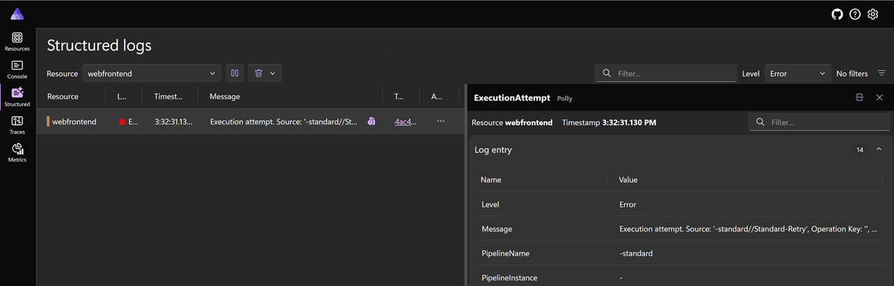 A screenshot of the .NET Aspire dashboard Structured logs page, showing a lower window with the structured log entry details.