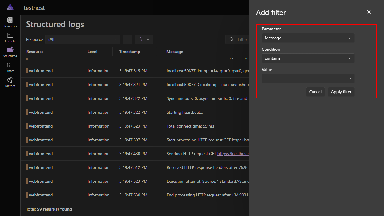 A screenshot of the .NET Aspire dashboard Structured logs page showing the filter dialog.