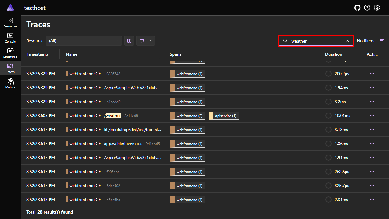 A screenshot of the .NET Aspire dashboard Traces page, showing a filter applied to show only traces with the term 'weather'.