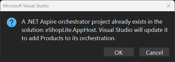 Screenshot indicating that the.NET Aspire Orchestrator was already added.