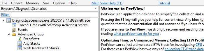 Screenshot of the opening of a nettrace in PerfView