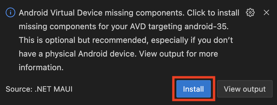Screenshot of the Visual Studio Code Android Virtual Device installation popup.