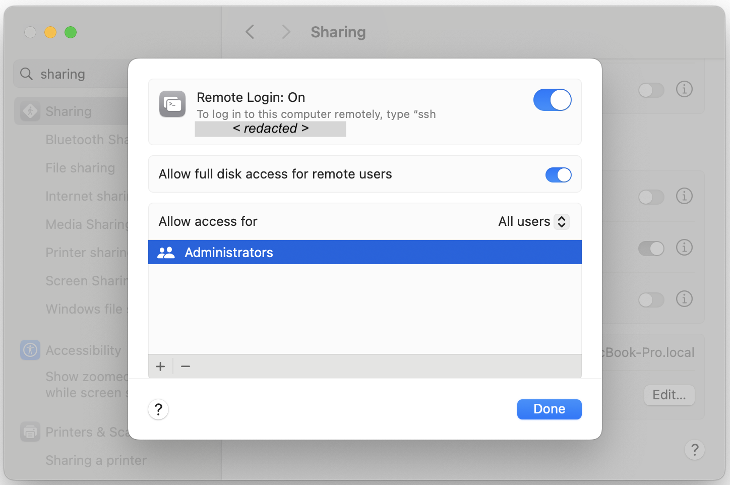 Allow full disk access and allow access for all users settings.