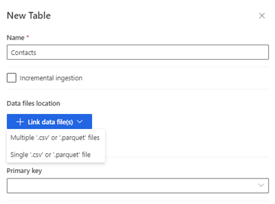Dialog box to create a new table with Data files ___location highlighted.