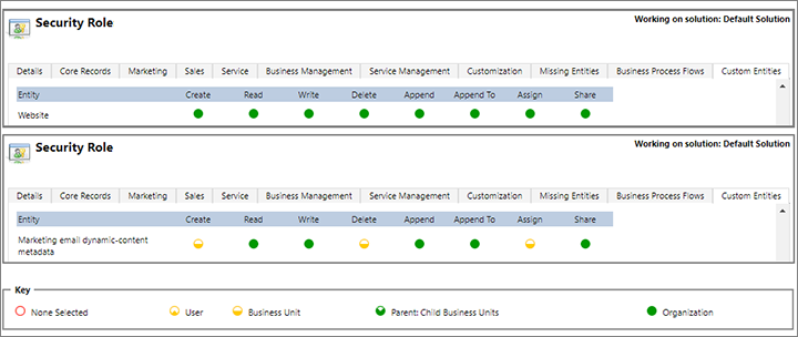 Privileges required for the Website and Marketing email dynamic-content metadata entities Diagram that shows the privileges required for the Website and Marketing email dynamic-content metadata entities.