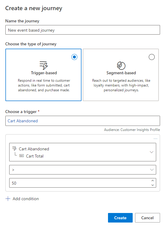 Screenshot of adding a trigger condition in the real-time marketing interface.