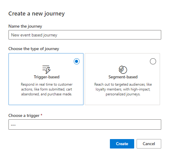 Screenshot of the Create a trigger-based journey page showing options to select the journey type and trigger event.