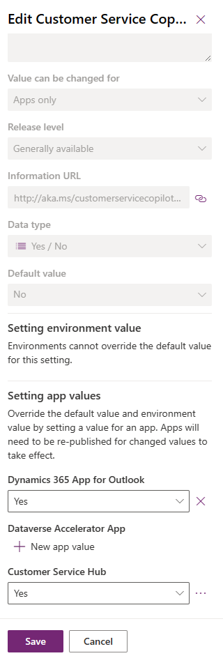 Screenshot of the Power Apps setting definition.