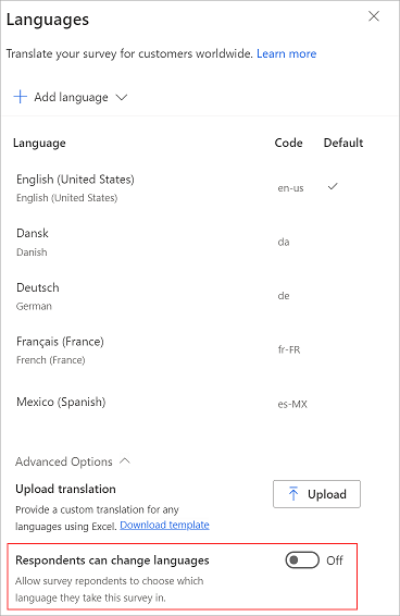 Restrict respondents to change survey language Restrict respondents from changing the survey language.
