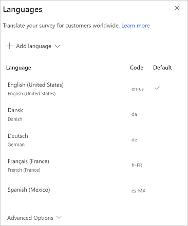 Languages added for the survey. Languages added for the survey.