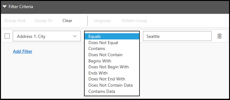 Set Filter Criteria Operator.