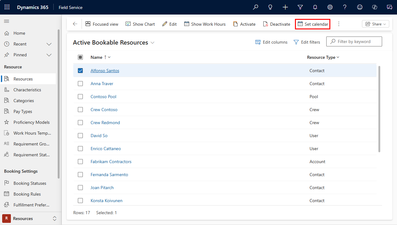 Screenshot of a selected resource highlighting the Set calendar button.