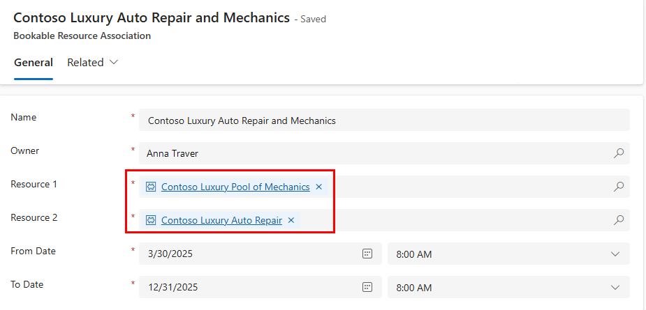 Screenshot of associating the mechanic pool to the auto repair facility pool.
