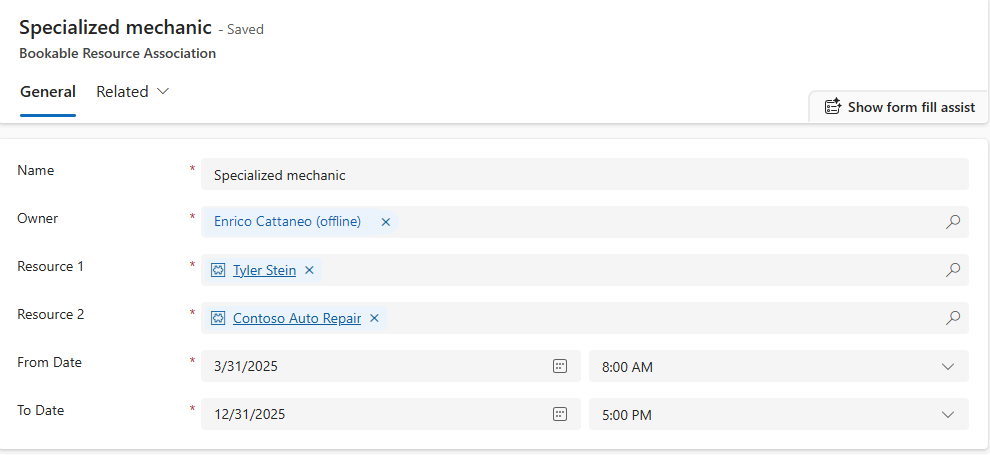 Screenshot of the association between the mechanic resource and facility resource.