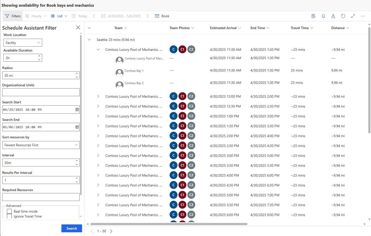 Screenshot of schedule board with available booking slots for the bays and mechanic pool.