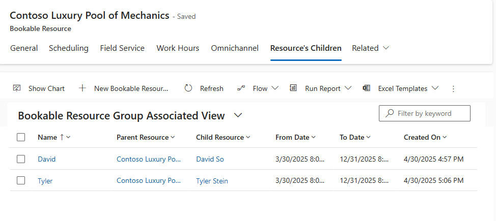 Screenshot of relating mechanics as children to the parent mechanic pool.