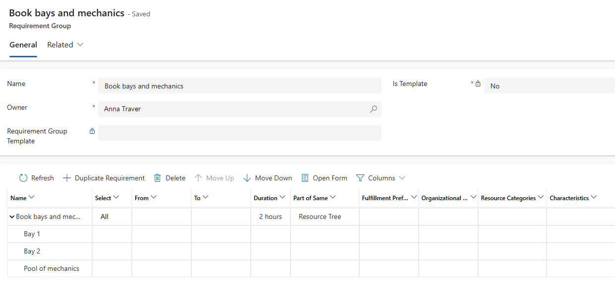 Screenshot of requirement group showing two bays and a pool of mechanics.