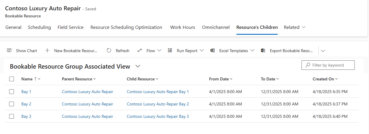 Screenshot of all bay resources related as children to the auto repair shop facility.