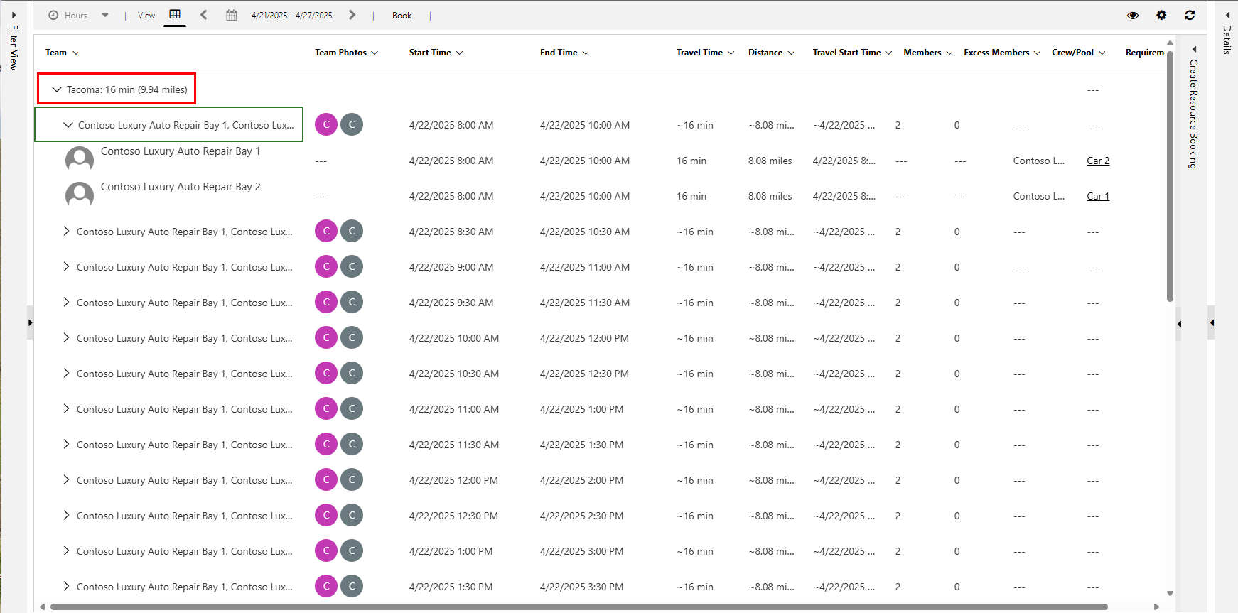 Screenshot of schedule assistant results showing pairs of two bays each at the same ___location.
