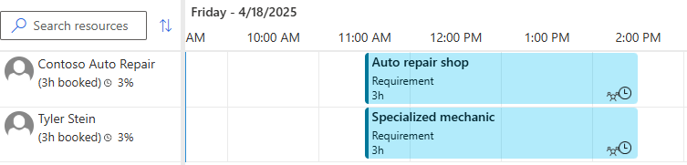 Screenshot of two bookings for each requirement in the requirement group, one for the facility and one for the mechanic resource.