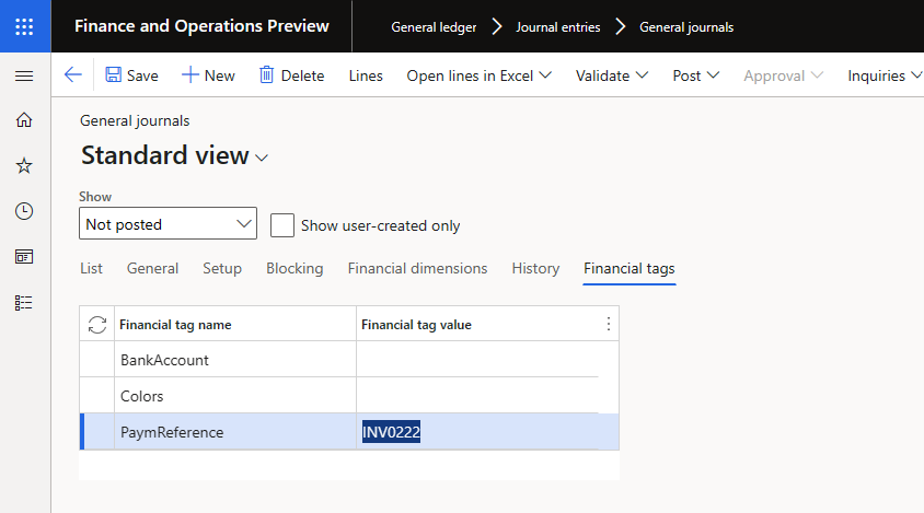 Financial tags entered on the journal batch header.