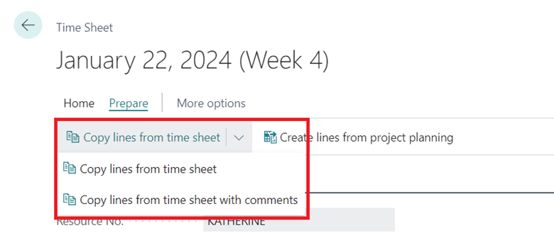 Shows new Copy lines from time sheet actions in Prepare action group on Time Sheet header. Shows new Copy lines from time sheet actions in Prepare action group on Time Sheet header.