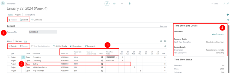 Shows four new elements in Time Sheet document. Shows four new elements in Time Sheet document.