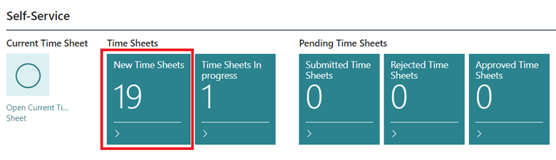 Shows New Time Sheets tile added to Self Service part in role centers Shows New Time Sheets tile added to Self Service part in role centers