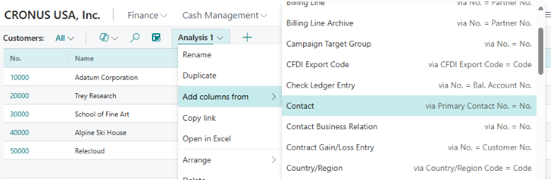 Select to add columns from related tables via the analysis mode tab