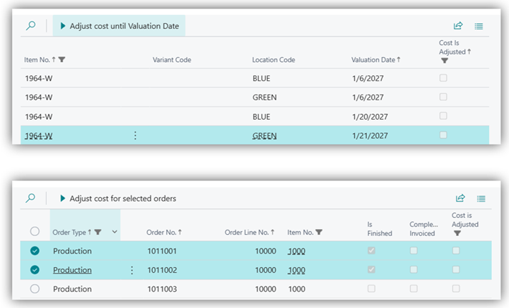 Period-by-period and selected production/assembly order adjustments for high-transaction items