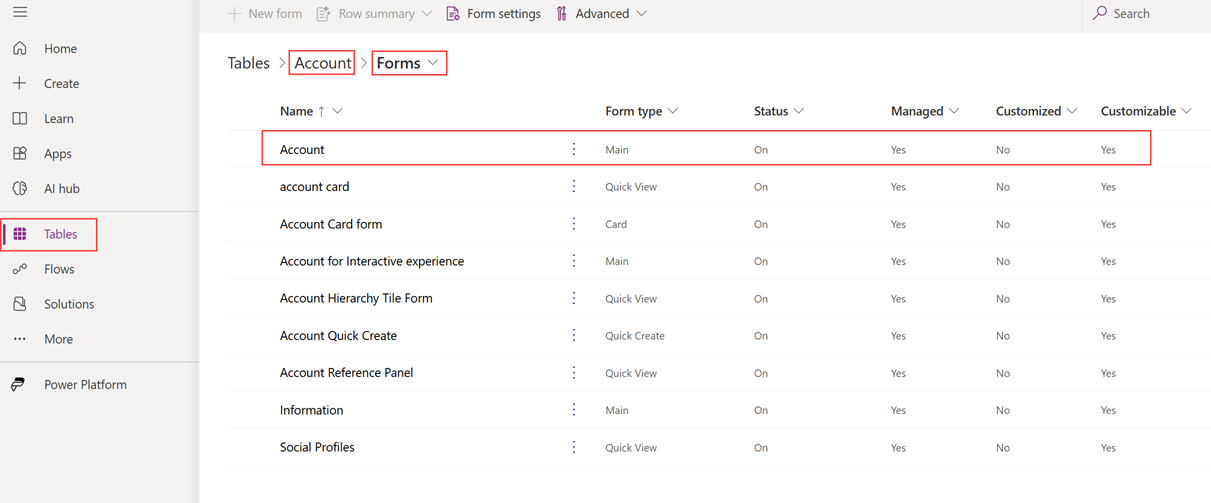 Screenshot of selecting the Lead main form on the Forms tab of the Lead table.