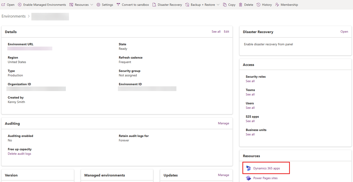 Screenshot of selecting the Dynamics 365 apps resource.