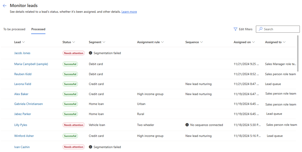 Screenshot of the list of unassigned lead records.
