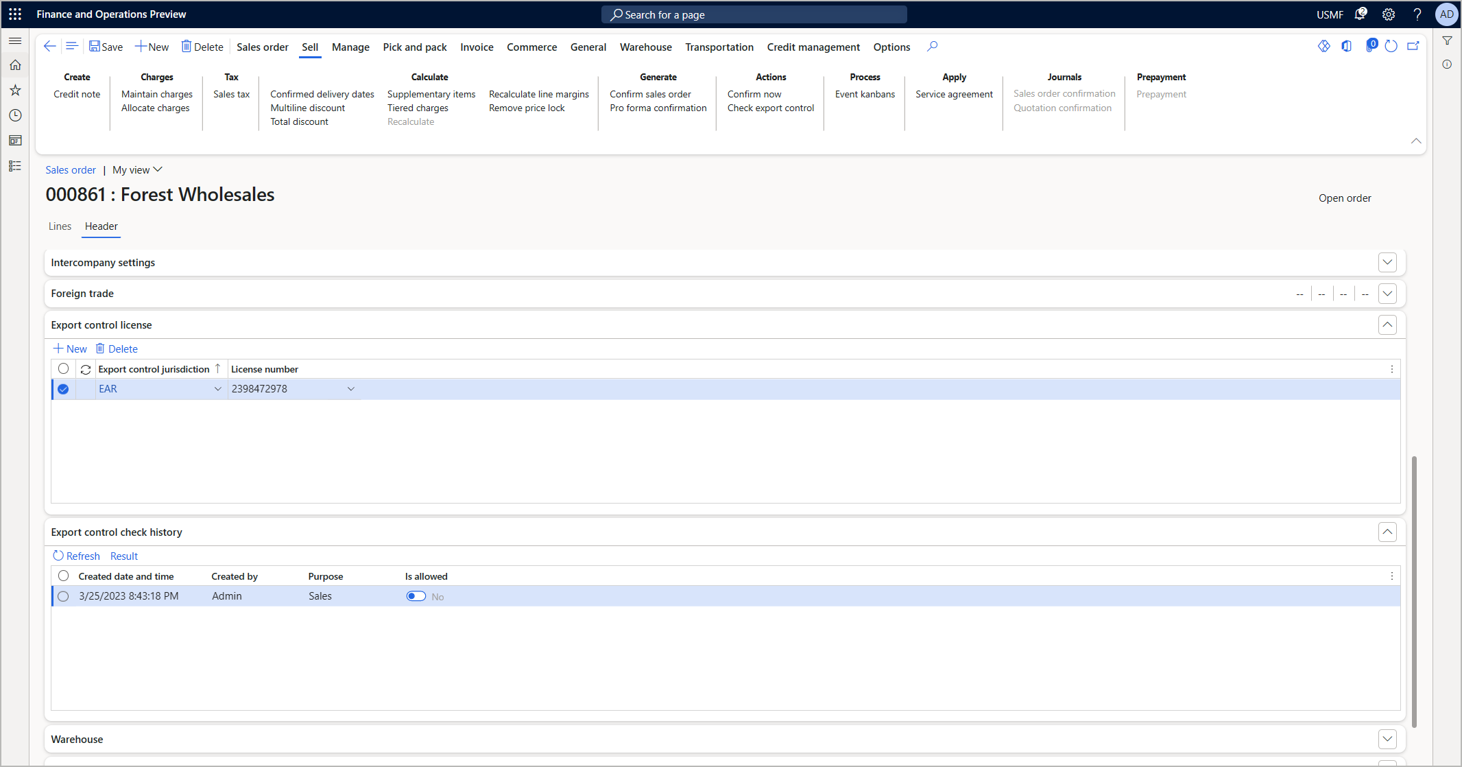 Export control settings for sales order headers Export control settings for sales order headers.