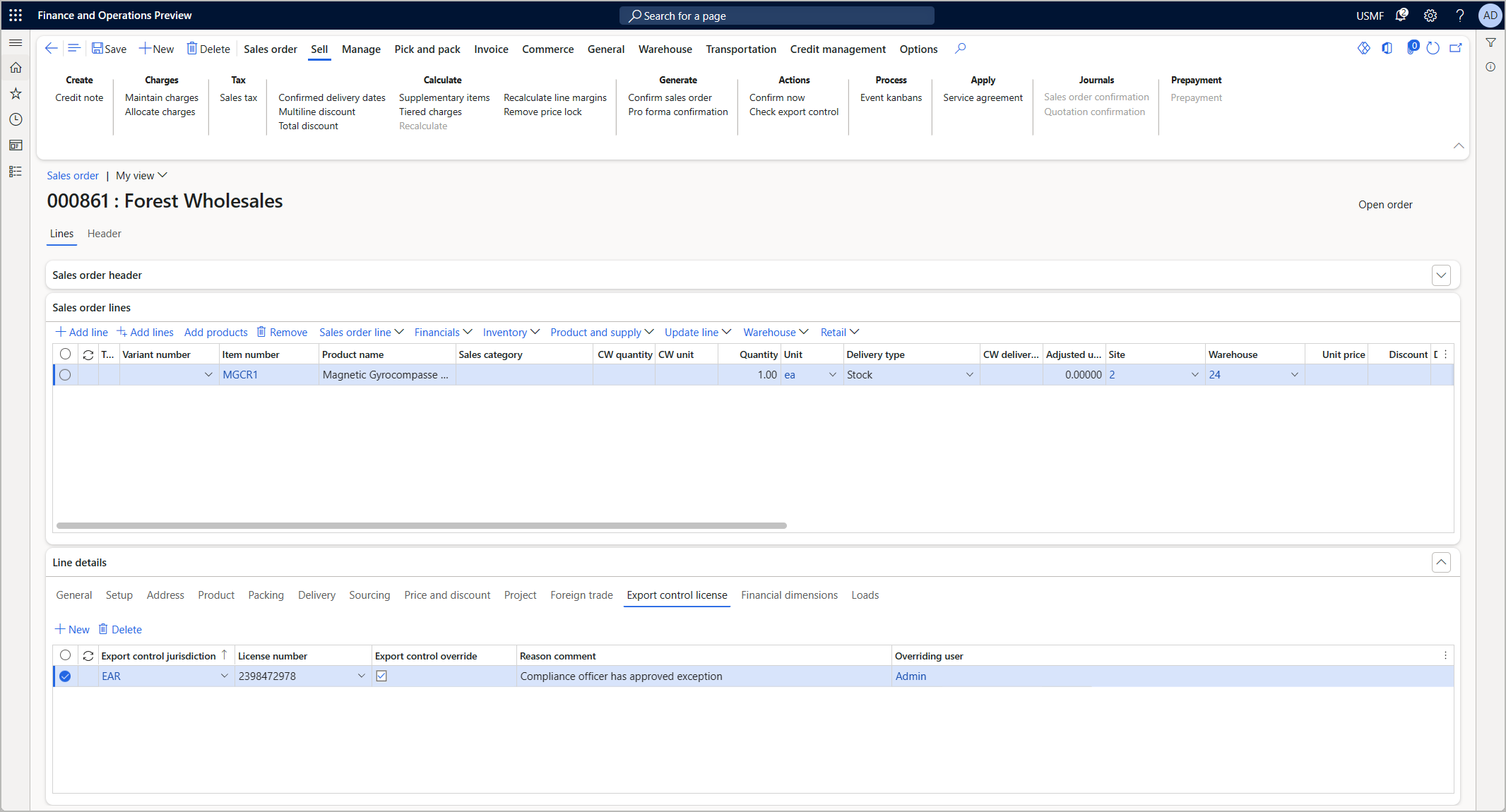 Export control settings for sales order lines Export control settings for sales order lines.